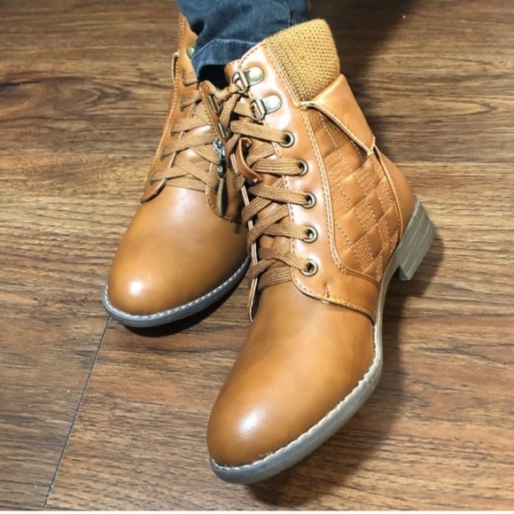 New Brown Vegan Leather Sweater Cuff Tie Up Boots - Picture 6 of 6